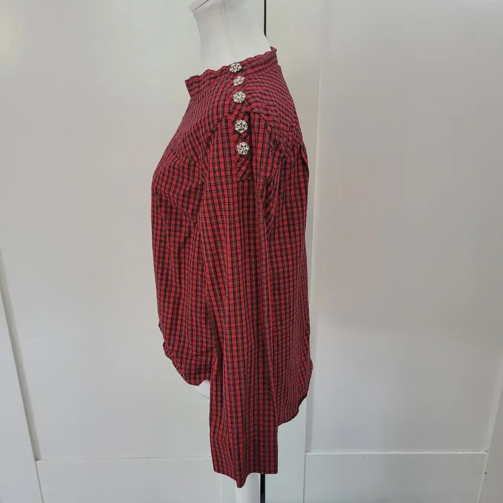 J.Crew Size 4 Plaid Hi-Low Long Sleeve Button Shirt Red Black Holiday‎